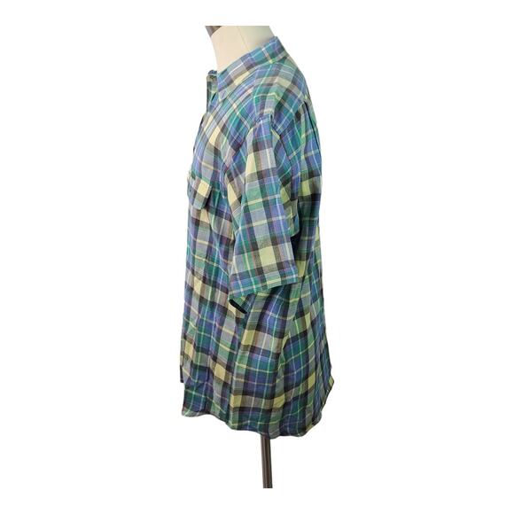 Faconnable Blue Green Yellow Plaid Short Sleeve Shirt Flap Pockets Large - Picture 2 of 4